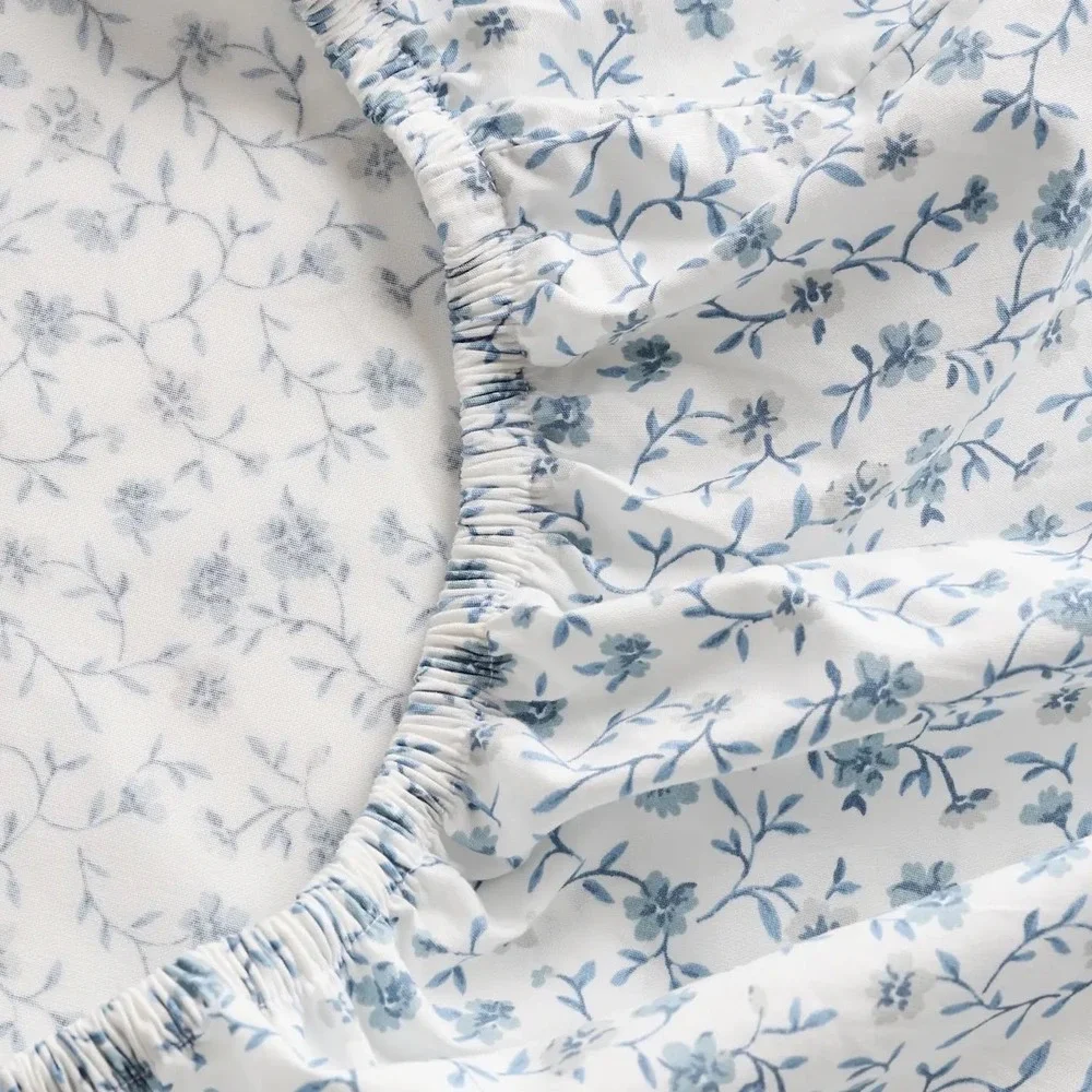 Quince Blue Forette Organic Cotton Sheet Set And 2 Pillowcases Size Full Floral
